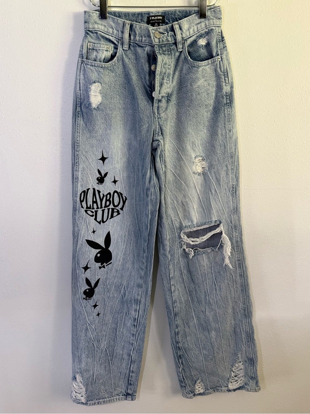 Playboy x PacSun Distressed Wide Leg Jeans Light Wash Size 25 Playboy Club